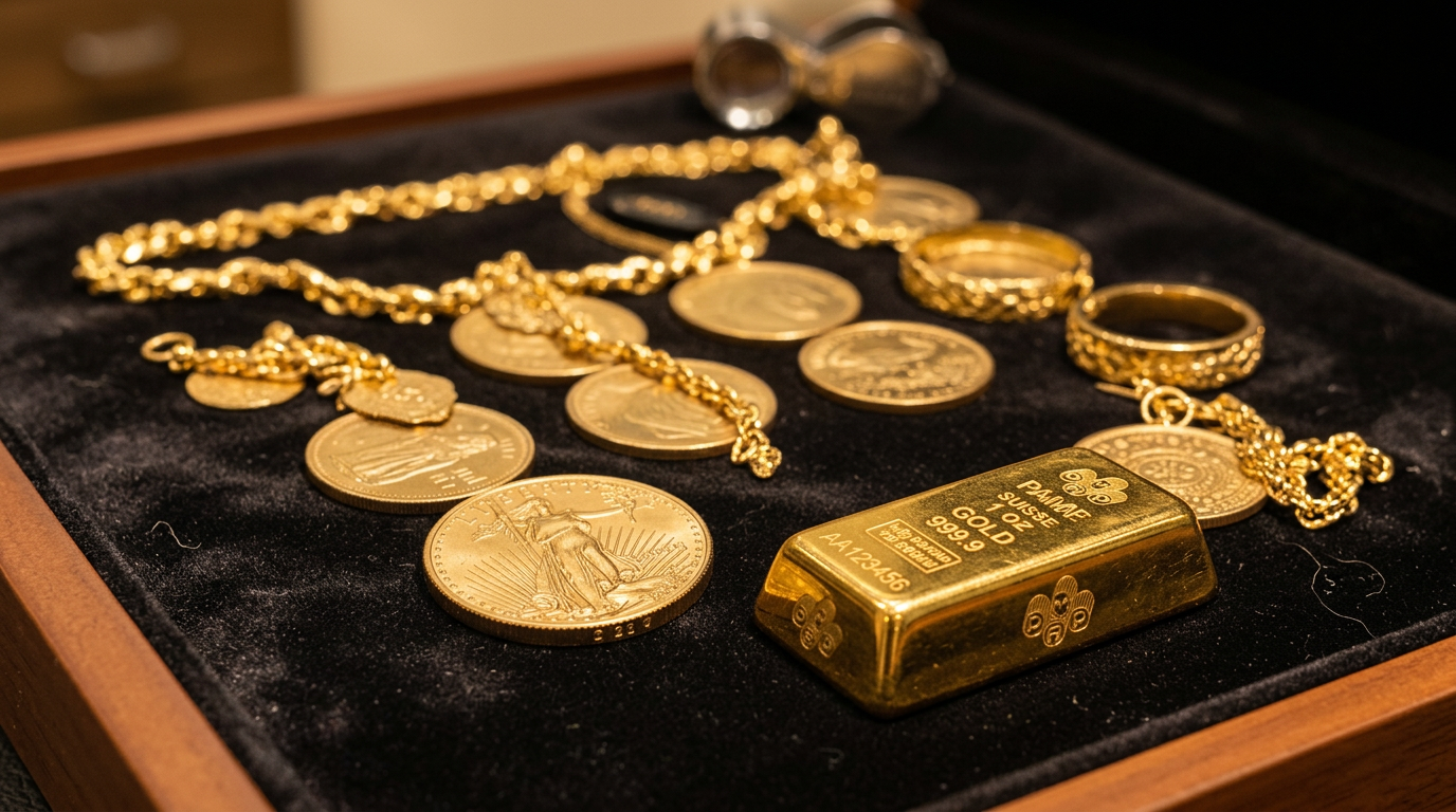 Gold coins, jewelry, and a gold bar displayed on dark velvet