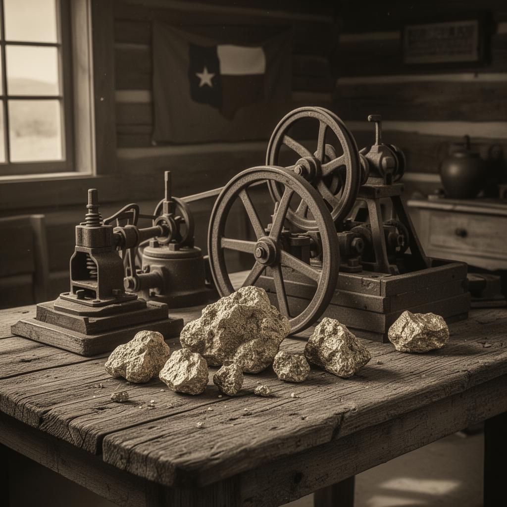 Vintage gold mining equipment and gold nuggets on a weathered wooden table